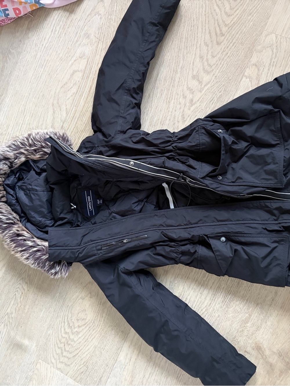 Lands' End Black Men's Hooded Puffer Coat with Faux-Fur Trim